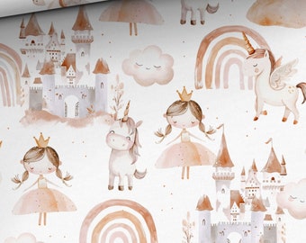 Princess Unicorn Cotton Fabric, Baby Bedding Material, Beige Nursery Decor / Quilt
