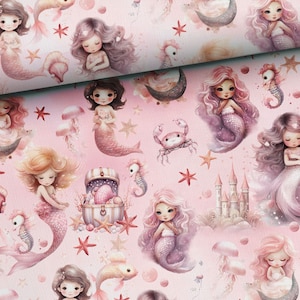 Mermaids Cotton Fabric / Premium Cotton Material by the Meter, Yard / Width 158cm, 62&quot; / Baby Bedding / Nursery Cotton