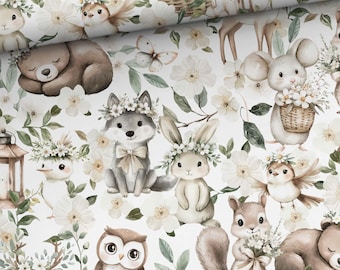 Forest Friends Cotton Fabric / Floral Print / Material by the Meter, Yard / Width 158cm, 62" / Baby Bedding / Nursery Cotton