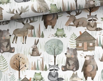 Tela 100 % algodón con animales del bosque, ropa de cama para bebé, edredón de algodón para guardería, oso, mapache y conejo