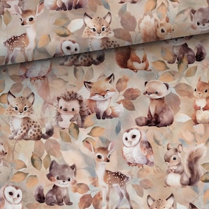 Fall Forest Animals Cotton Fabric / Premium Cotton Material by the Meter, Yard / Width 158cm, 62&quot; / Baby Bedding / Autumn Nursery Cotton