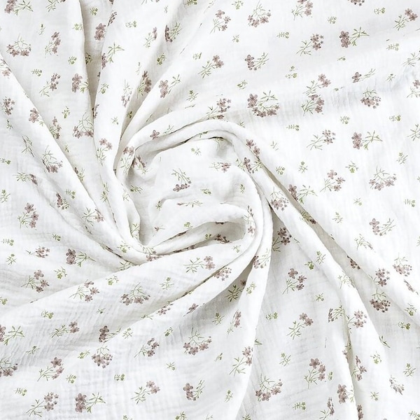 Flowers Muslin Fabric / Cotton Double Gauze Fabric with Floral Print by the Meter, Yard / Crinkle Lighweight Shabby Chic Material