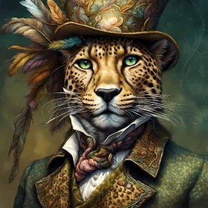 Può includere: Illustrazione digitale di un leopardo con cappello a cilindro ornato di piume. Il leopardo indossa un cappotto verde con risvolto fantasia, una camicia bianca e una cravatta colorata. Il leopardo ha occhi verdi e un'espressione seria.