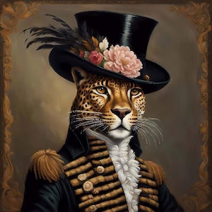 May include: A regal portrait of a leopard wearing a black top hat adorned with feathers and flowers. The leopard is dressed in a black jacket with gold trim and epaulets, and a ruffled white collar. The artwork is framed with ornate gold detailing.