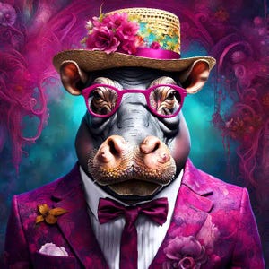 Peut inclure: Portrait numérique fantaisiste d'un hippopotame portant un chapeau de paille orné de fleurs roses, des lunettes roses et un costume magenta avec un nœud papillon assorti. La peau de l'hippopotame est grise, et le fond est un mélange de rose et de turquoise.