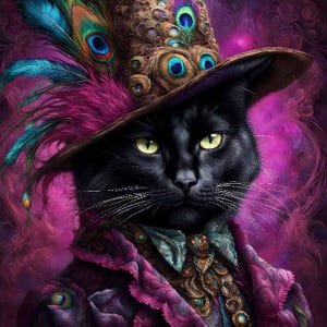Op de afbeelding: Een portret van een zwarte kat met een bruine hoge hoed versierd met pauwenveren. De kat draagt een paarse jas met een teal en gouden patroon kraag, tegen een levendige roze achtergrond.