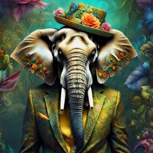 Peut inclure: Une illustration artistique d'un éléphant portant un chapeau fleuri et un costume vert à motifs. Les oreilles de l'éléphant et le chapeau sont ornés de fleurs colorées. L'arrière-plan présente un feuillage luxuriant.