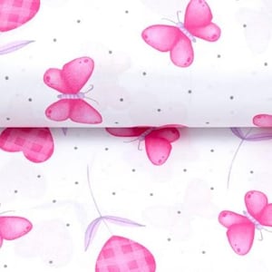 Pink Butterflies Cotton Fabric / Kids Cotton Material by the Half Meter, Yard / Width 160cm, 63&quot; / Baby Bedding / Butterfly Cotton
