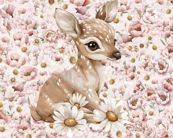 French Terry Panel, Animal in the Meadow Print: Soft Cotton Kids Fabric, Deer, Fox