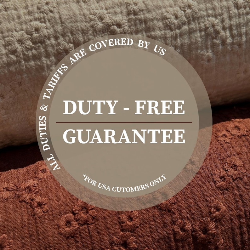 May include: Close-up of textured fabric in beige and rust colors. The image includes a circular graphic with the text "DUTY - FREE GUARANTEE" and the phrase "ALL DUTIES & TARIFFS ARE COVERED BY US" and "*FOR USA CUTOMERS ONLY".