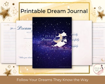 Könnte beinhalten: Ein druckbares Traumtagebuch mit einem himmlischen Thema. Das Cover zeigt ein Nachthimmel-Design mit einem Mond und Wolken. Der Text "Daily Dream Journal" wird angezeigt. Das Tagebuch enthält linierte Seiten und inspirierende Zitate. Der Satz "Follow Your Dreams They Know the Way" wird ebenfalls angezeigt.