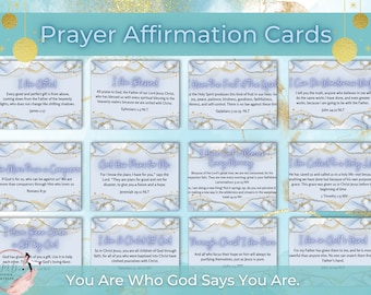 May include: A set of 10 prayer affirmation cards with blue and gold marble backgrounds. Each card features a different inspirational quote from the Bible with a gold border and a white background. The cards are titled "Prayer Affirmation Cards" and the text "You Are Who God Says You Are." is at the bottom.