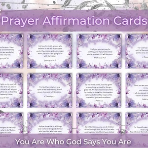 Puede incluir: Un conjunto de 12 tarjetas de afirmación de oración con diseños florales morados y citas inspiradoras de la Biblia. Las tarjetas presentan una variedad de versículos, que incluyen "Tú eres la luz del mundo" y "Porque Dios no nos ha dado un espíritu de cobardía, sino de poder, de amor y de dominio propio."