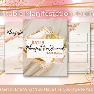 Puede incluir: Diario de manifestación diario imprimible con un fondo de acuarela rosa y dorado. El diario incluye secciones para las comprobaciones semanales, la creación de una visualización de tu yo futuro y la diarioización diaria de la manifestación utilizando el método 3-6-9.
