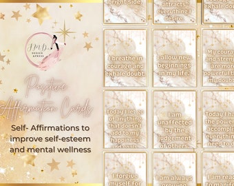 May include: A set of 10 positive affirmation cards with gold glitter and stars on a marble background. The cards feature positive affirmations for self-esteem and mental wellness. The text on the cards includes phrases like "I breathe in courage and exhale doubt" and "I am always growing".