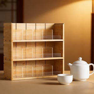Puede incluir: Un organizador de bambú de tres niveles con divisores transparentes, ideal para bolsitas de té o artículos pequeños. Una tetera y una taza blancas están junto al organizador. El bambú tiene un tono de madera clara natural.