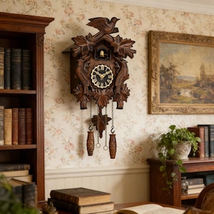 Puede incluir: Un reloj de cuco de madera marrón oscuro con un pájaro posado en la parte superior. La esfera del reloj es negra con números romanos dorados. El reloj está decorado con hojas y pájaros tallados y tiene dos pesas colgantes en forma de piña.