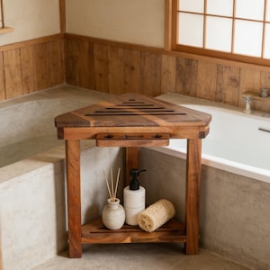 Acacia Wood Corner Shower Stool – Foot Rest with Razor Storage Shelf
