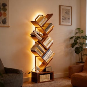 May include: A modern, brown wooden bookshelf with a unique, zig-zag design. The bookshelf is illuminated with warm lighting and filled with books. A small, rectangular base with a woven basket and a small speaker sits at the bottom.