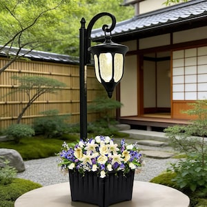 Solar Lamp Post with Planter, Crackle Glass Outdoor Light, Matte Black Flower Pot