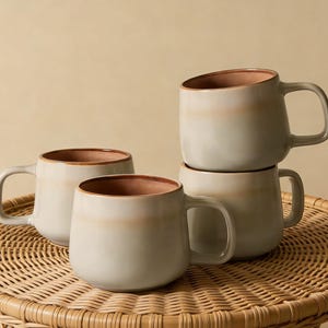 May include: Four ceramic mugs with a light green exterior and a brown interior are stacked on a woven surface. The mugs have a rounded shape with a handle on the side. The mugs are empty.