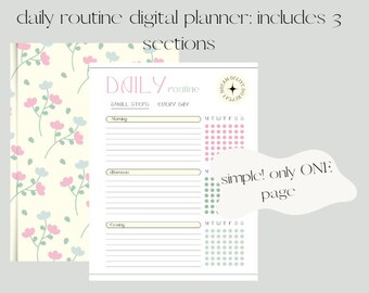 May include: A printable daily routine planner with three sections: Morning, Afternoon, and Evening. Each section has space for writing tasks and a grid for tracking habits. The planner has a floral background and the text "DAILY routine" at the top.