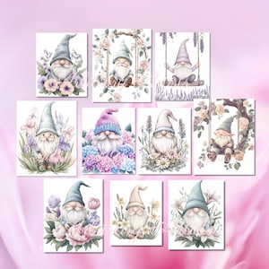 May include: Nine digital illustrations of gnomes in various poses surrounded by flowers. The gnomes are wearing different colored hats and have white beards. The flowers are in shades of pink, purple, and blue.