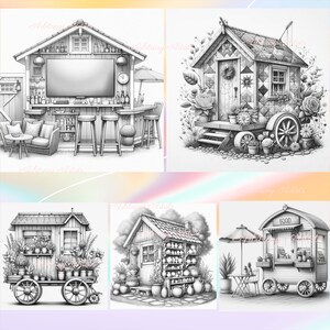 May include: A collection of five detailed grayscale illustrations of charming garden structures. The images include a bar, a cottage on wheels, a flower shop, a potting shed, and a food cart, all surrounded by plants and flowers.