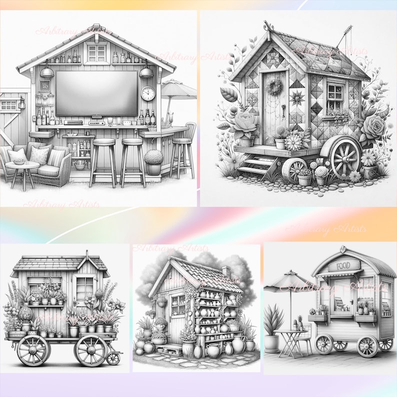 May include: A collection of five detailed grayscale illustrations of charming garden structures. The images include a bar, a cottage on wheels, a flower shop, a potting shed, and a food cart, all surrounded by plants and flowers.