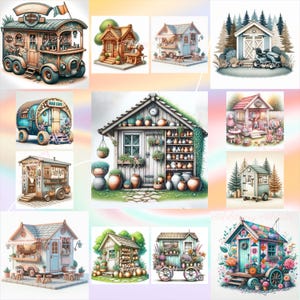 May include: A collection of watercolor illustrations featuring charming, whimsical structures. The images showcase various small buildings, including a mobile shop, a garden shed, and a tiny house, all adorned with flowers and decorative elements.