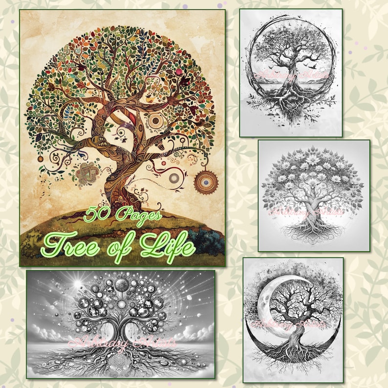 May include: A collection of five black and white illustrations of tree of life designs. The illustrations are in a variety of styles, including a tree with a circle around it, a tree with a crescent moon, and a tree with a sun and stars. The text "50 Pages Tree of Life" is at the bottom of the image.
