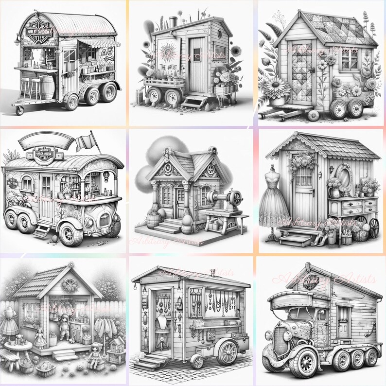 May include: A collection of nine black and white illustrations of tiny houses and mobile shops. Each image features detailed drawings of structures on wheels, some with awnings, windows, and decorative elements. The illustrations showcase various themes, including art studios and craft shops.