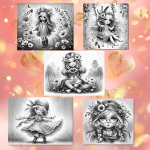 May include: Five black and white illustrations of girls with flowers in their hair. Each girl is wearing a different outfit and has a different expression on her face. The illustrations are in a whimsical style and would be perfect for coloring pages or greeting cards.
