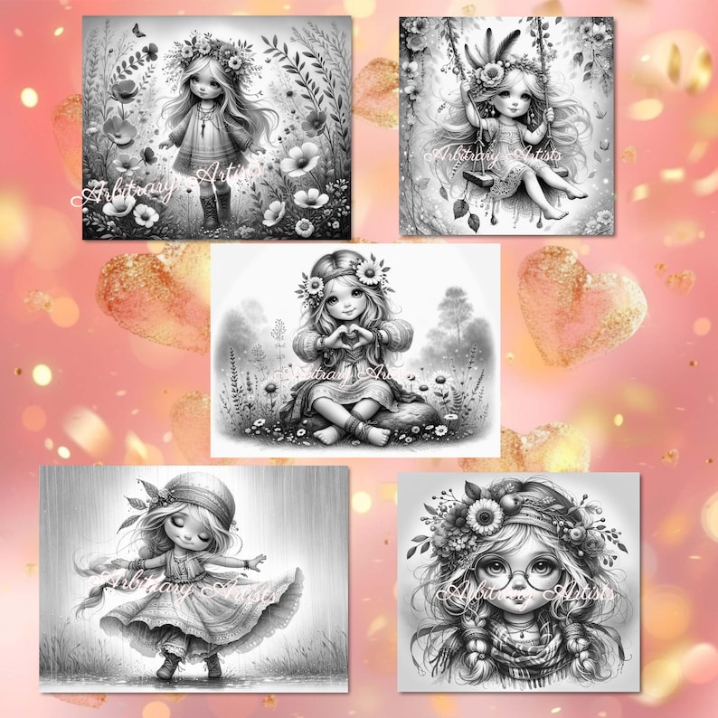 May include: Five black and white illustrations of girls with flowers in their hair. Each girl is wearing a different outfit and has a different expression on her face. The illustrations are in a whimsical style and would be perfect for coloring pages or greeting cards.