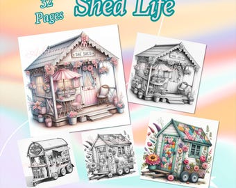 Shed Life 32 grayscale coloring pages, colored versions, light & dark versions included