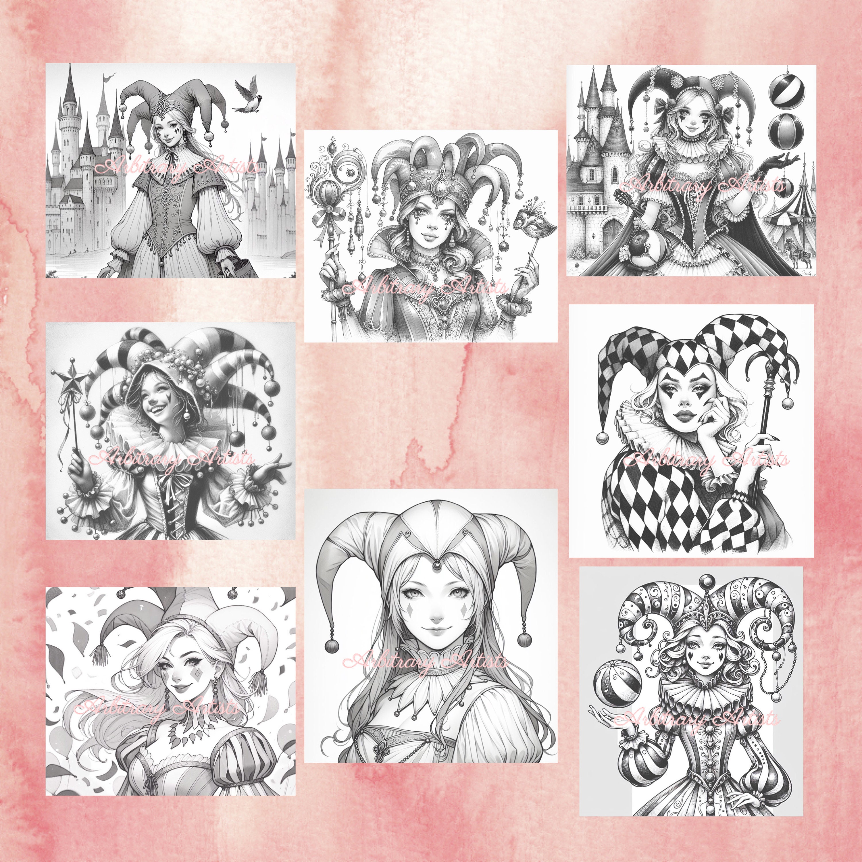 Jester Flash Card.pdf Jester Coloring Pages, 37 Grayscale Illustrations (PDF) - Etsy