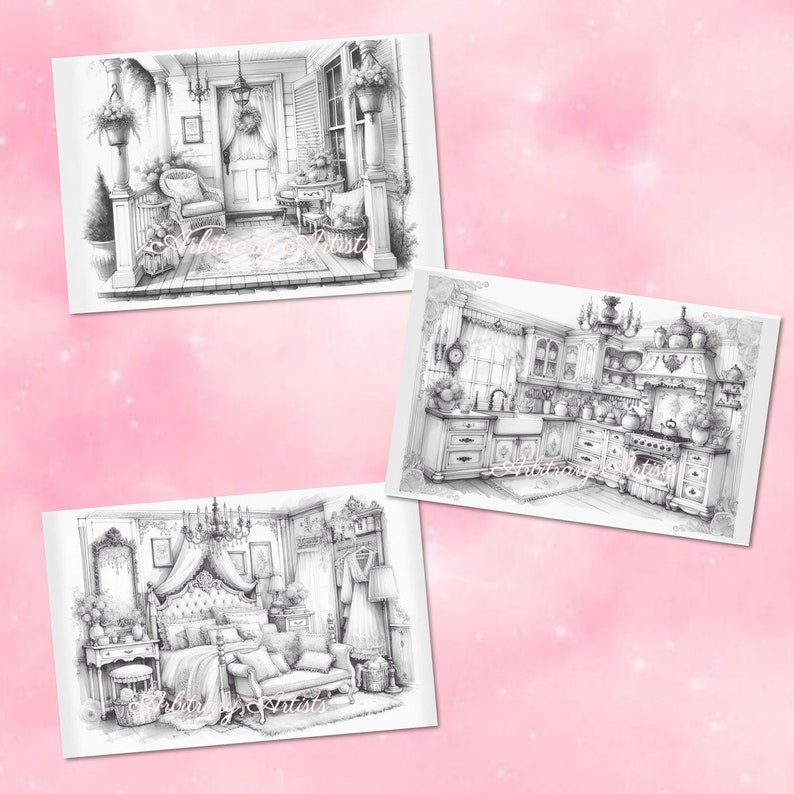 Puede incluir: Tres dibujos a l&aacute;piz en blanco y negro de habitaciones de una casa. El primer dibujo muestra un porche con una mecedora y plantas. El segundo dibujo muestra una cocina con una estufa, un fregadero y gabinetes. El tercer dibujo muestra un dormitorio con una cama, un sof&aacute; y una c&oacute;moda.