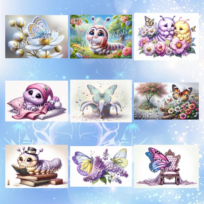Pode incluir: Uma cole&ccedil;&atilde;o de ilustra&ccedil;&otilde;es fant&aacute;sticas com borboletas e lagartas. As imagens apresentam cores vibrantes e temas de fantasia, incluindo uma borboleta numa flor, uma lagarta a ler e uma borboleta num trono.