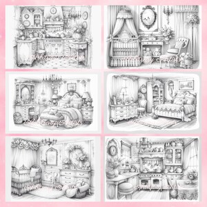 Puede incluir: Un conjunto de seis p&aacute;ginas para colorear imprimibles en blanco y negro que presentan ilustraciones detalladas de varias habitaciones en una casa victoriana. Las habitaciones incluyen una cocina, una guarder&iacute;a, un dormitorio y una sala de estar.