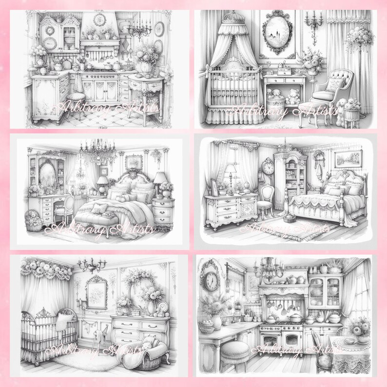 Puede incluir: Un conjunto de seis p&aacute;ginas para colorear imprimibles en blanco y negro que presentan ilustraciones detalladas de varias habitaciones en una casa victoriana. Las habitaciones incluyen una cocina, una guarder&iacute;a, un dormitorio y una sala de estar.