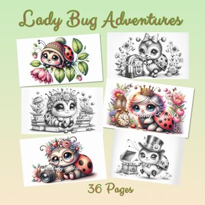 Puede incluir: Un libro para colorear con seis ilustraciones en blanco y negro de lindas mariquitas con diferentes accesorios y poses. La portada del libro tiene el título "Lady Bug Adventures" y el texto "36 Páginas".