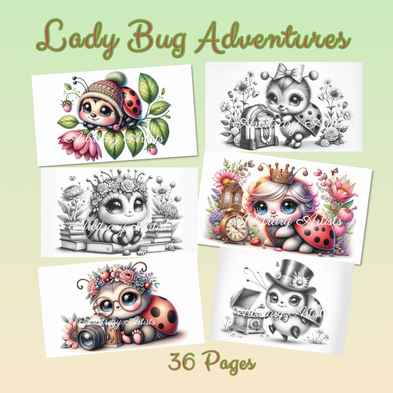 Puede incluir: Un libro para colorear con seis ilustraciones en blanco y negro de lindas mariquitas con diferentes accesorios y poses. La portada del libro tiene el t&iacute;tulo "Lady Bug Adventures" y el texto "36 P&aacute;ginas".