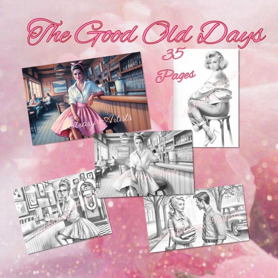 The Good Old Days 35 grayscale, retro, nostalgic coloring pages