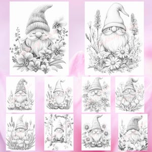 May include: A set of ten black and white printable coloring pages featuring gnomes in various garden settings. Each gnome is wearing a pointed hat and has a long beard. The gnomes are surrounded by flowers, plants, and other garden elements.