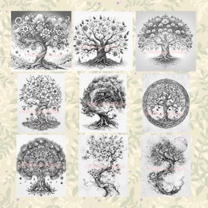 May include: A set of nine black and white illustrations of trees. Each tree is unique and intricate, with detailed branches, leaves, and roots. The trees are drawn in a realistic style, with a focus on the natural beauty of the trees.