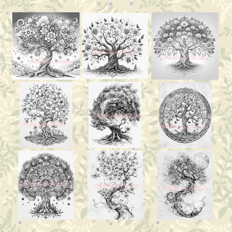 May include: A set of nine black and white illustrations of trees. Each tree is unique and intricate, with detailed branches, leaves, and roots. The trees are drawn in a realistic style, with a focus on the natural beauty of the trees.