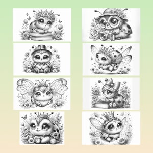 Puede incluir: Ocho ilustraciones en blanco y negro de lindas mariquitas de dibujos animados con alas, flores y otros detalles. Cada mariquita lleva una corona, un sombrero u otro accesorio.