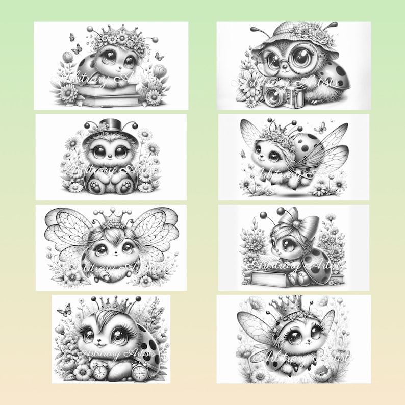 Puede incluir: Ocho ilustraciones en blanco y negro de lindas mariquitas de dibujos animados con alas, flores y otros detalles. Cada mariquita lleva una corona, un sombrero u otro accesorio.