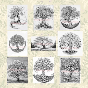 May include: A collection of nine black and white pencil drawings of trees. Each drawing features a unique tree design with intricate details and symbolism. The trees are depicted in various styles, including realistic, stylized, and abstract.