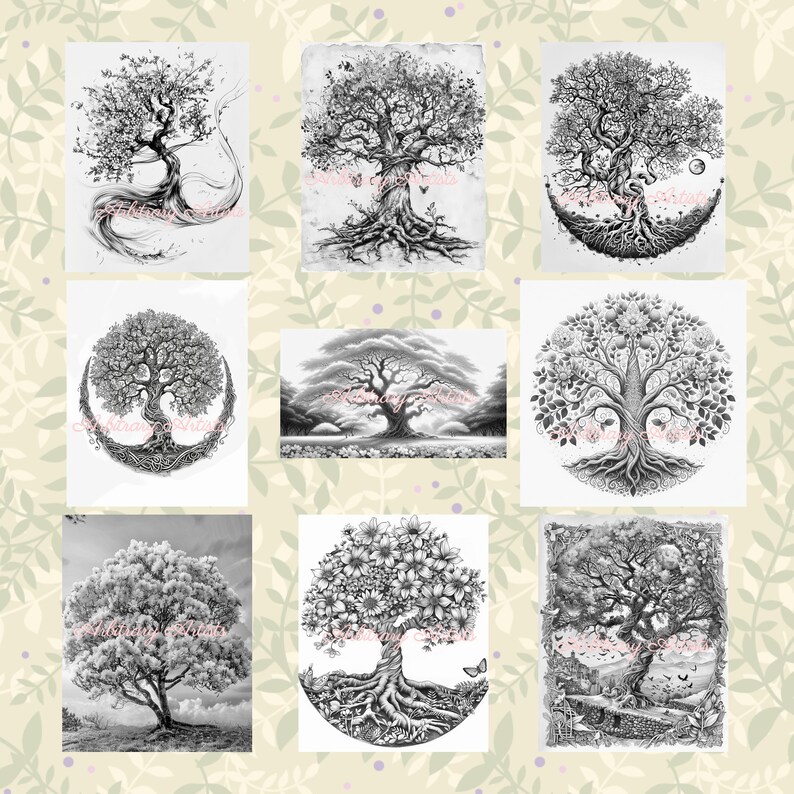 May include: A collection of nine black and white pencil drawings of trees. Each drawing features a unique tree design with intricate details and symbolism. The trees are depicted in various styles, including realistic, stylized, and abstract.